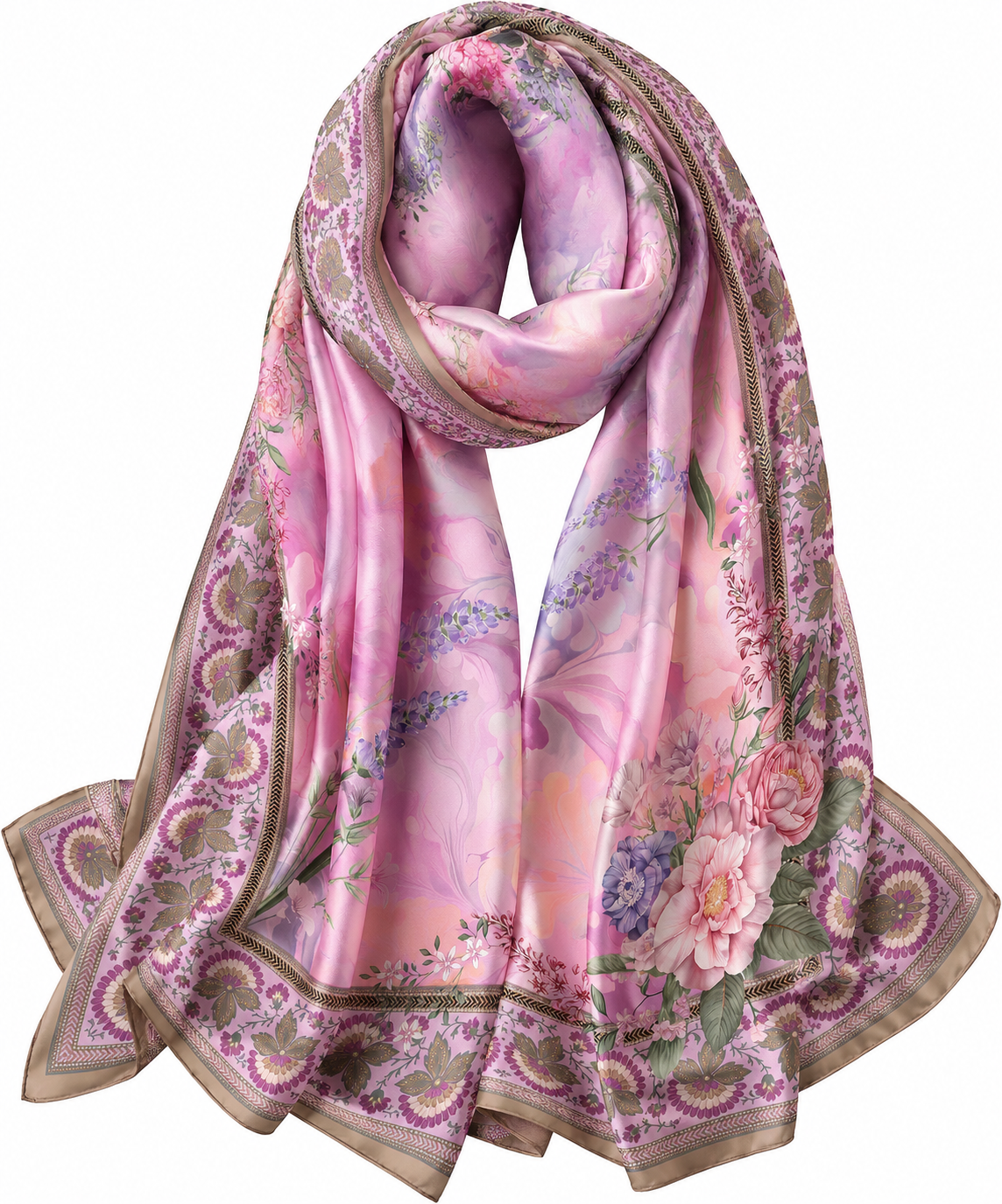 Pink and lavender floral silk scarf with gold accents