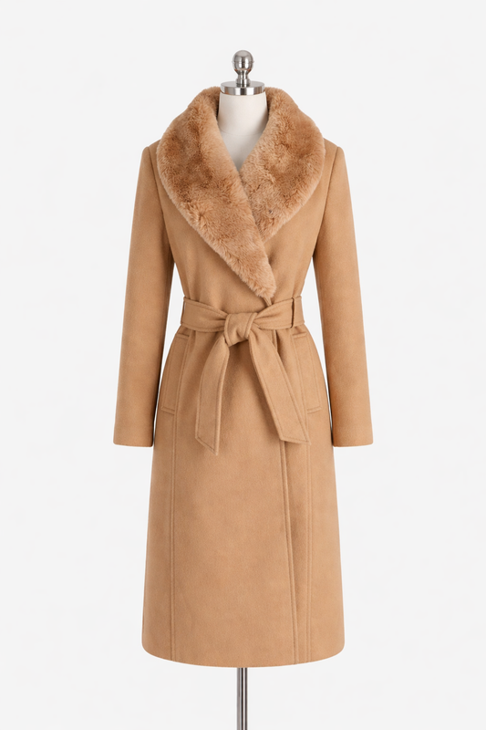 Belted Wool-Blend Coat with Plush Collar