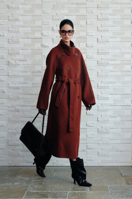 PU Trim Wool Trench Coat in Double-Face Merino Wool