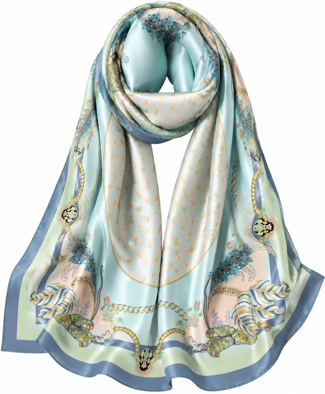 Hamida designer square scarf with pastel botanical artwork, gold chain motifs, soft blue background, and luxury silk texture.