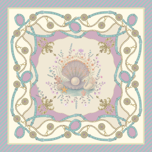 Close-up of Hamida silk scarf showing pearl centerpiece and floral pattern