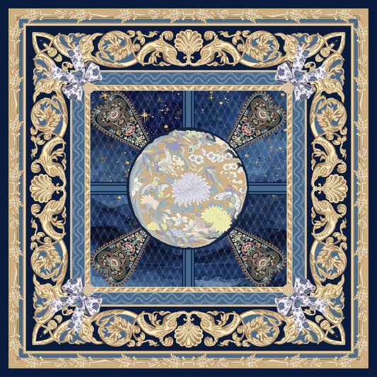 Decorative scarf with floral design and gold border on a blue background