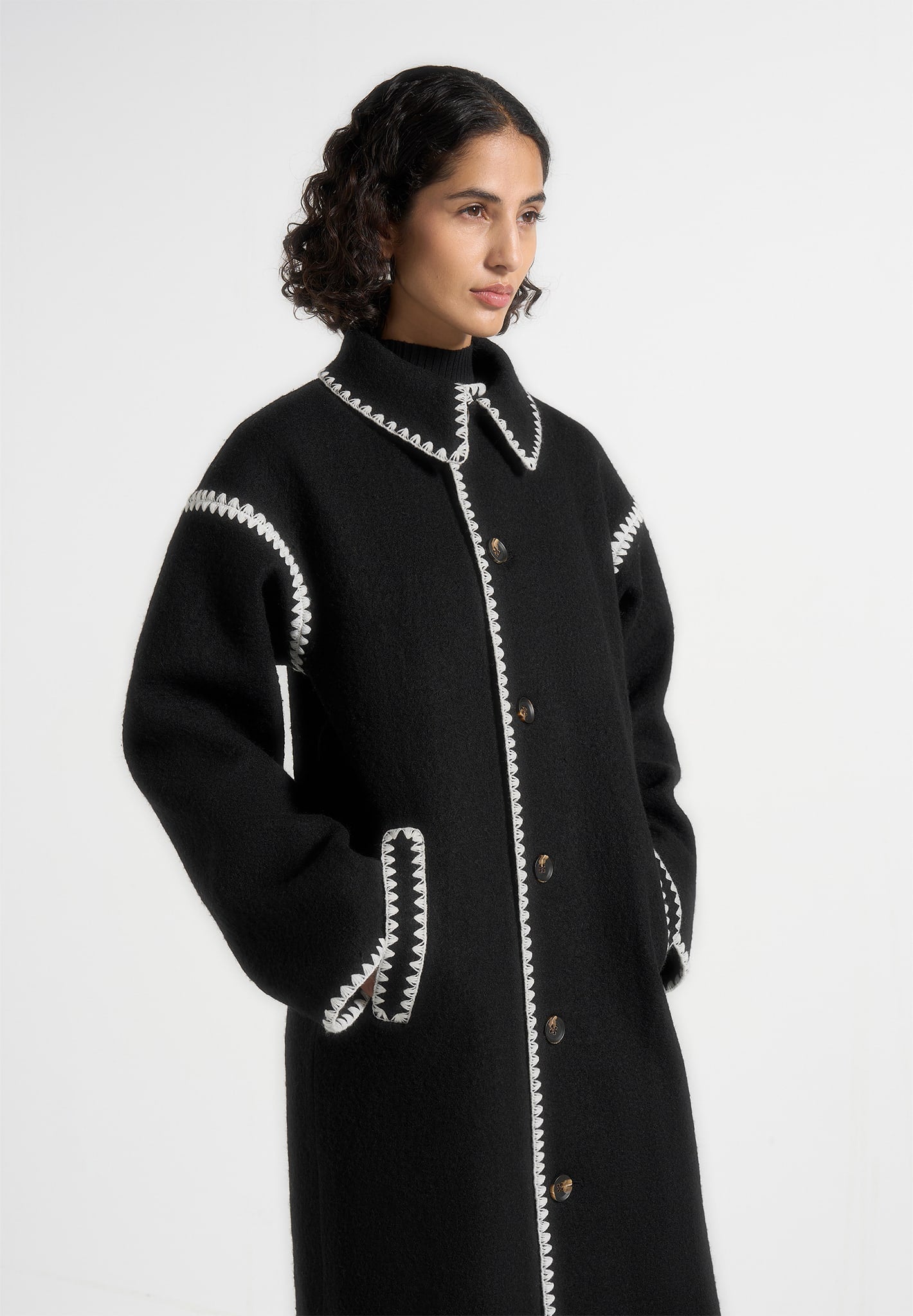 Wool Blanket Stitch Belted Longline Coat