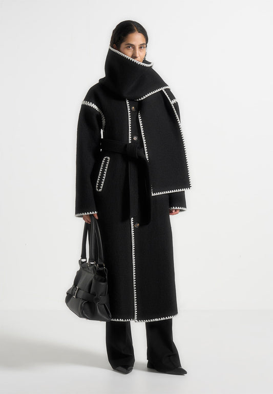 Wool Blanket Stitch Belted Longline Coat