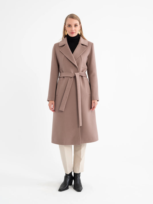 Luxury Wool-Blend Wrap Coat – Belted Longline Silhouette with Wide Lapel