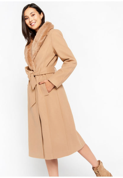 Belted Wool-Blend Coat with Plush Collar