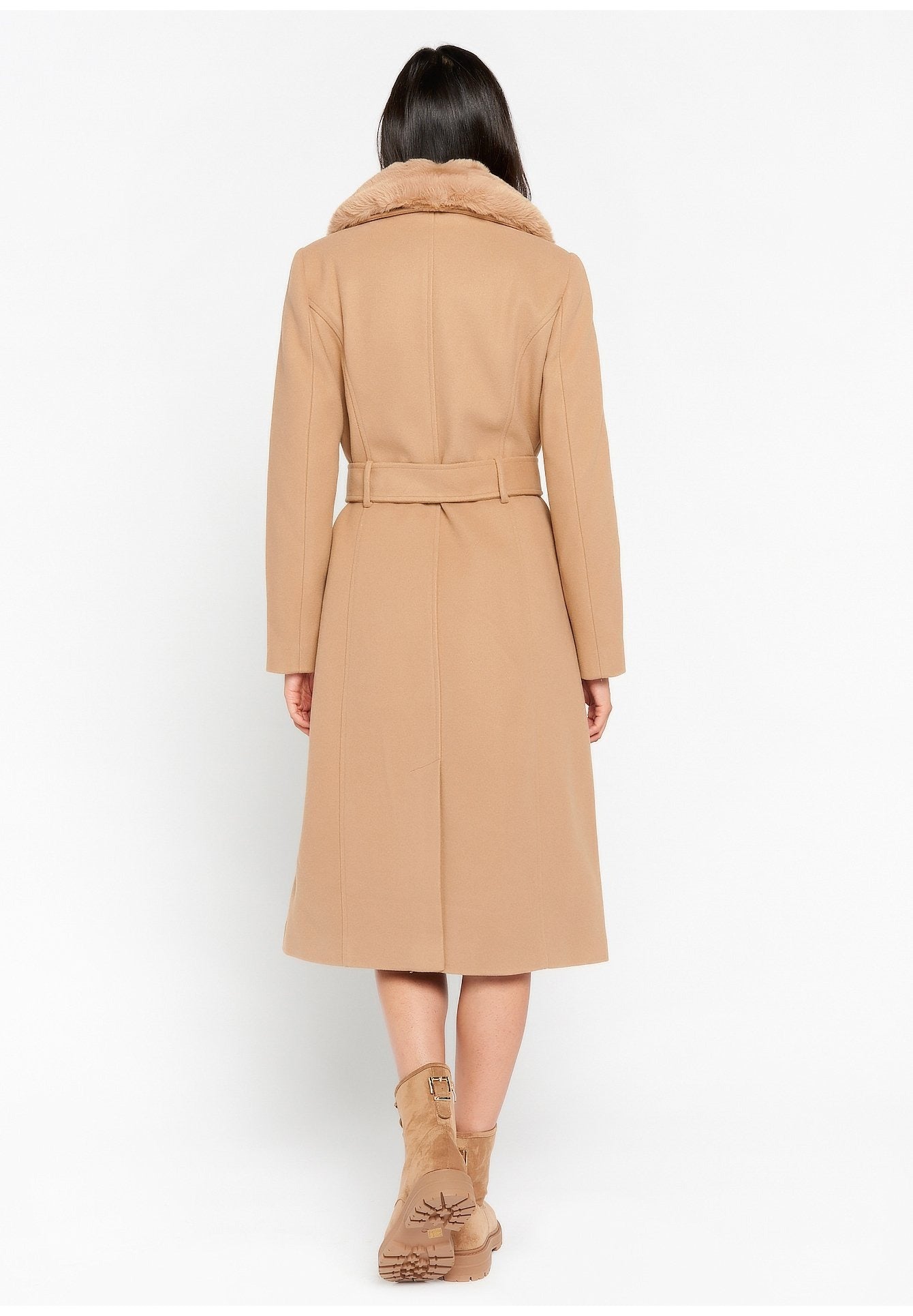 Belted Wool-Blend Coat with Plush Collar