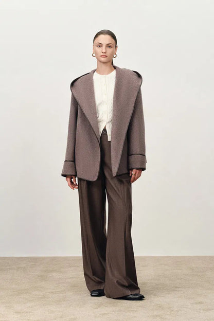 Cashmere Belted Leather Trimmed Hooded Pea Coat