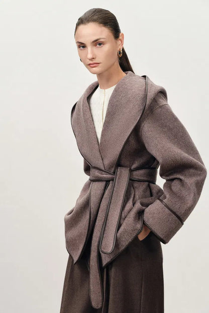 Cashmere Belted Leather Trimmed Hooded Pea Coat