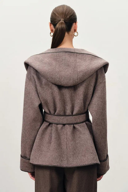 Cashmere Belted Leather Trimmed Hooded Pea Coat
