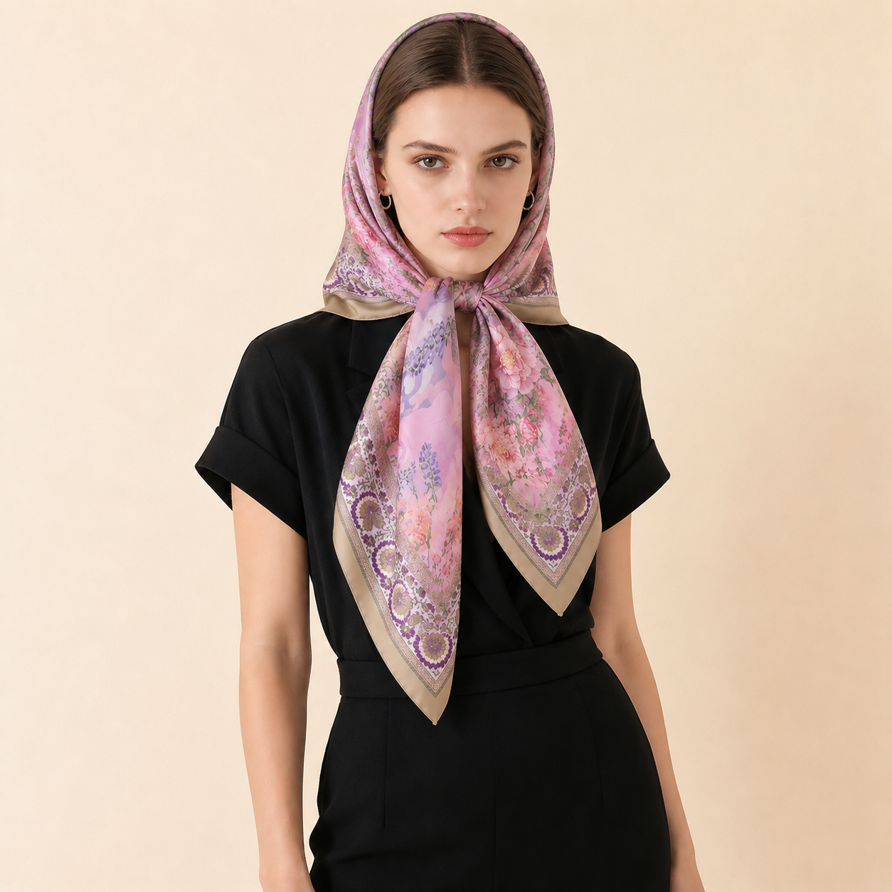 Luxury silk scarf tied as headscarf