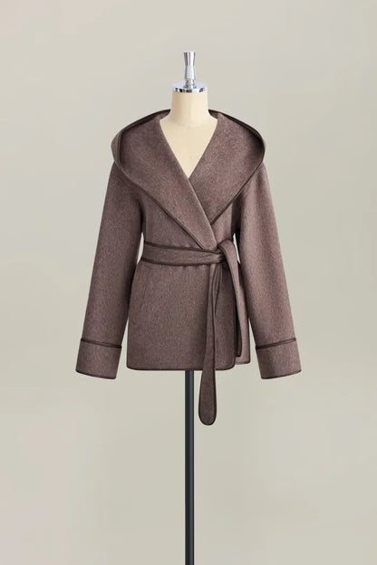 Cashmere Belted Leather Trimmed Hooded Pea Coat