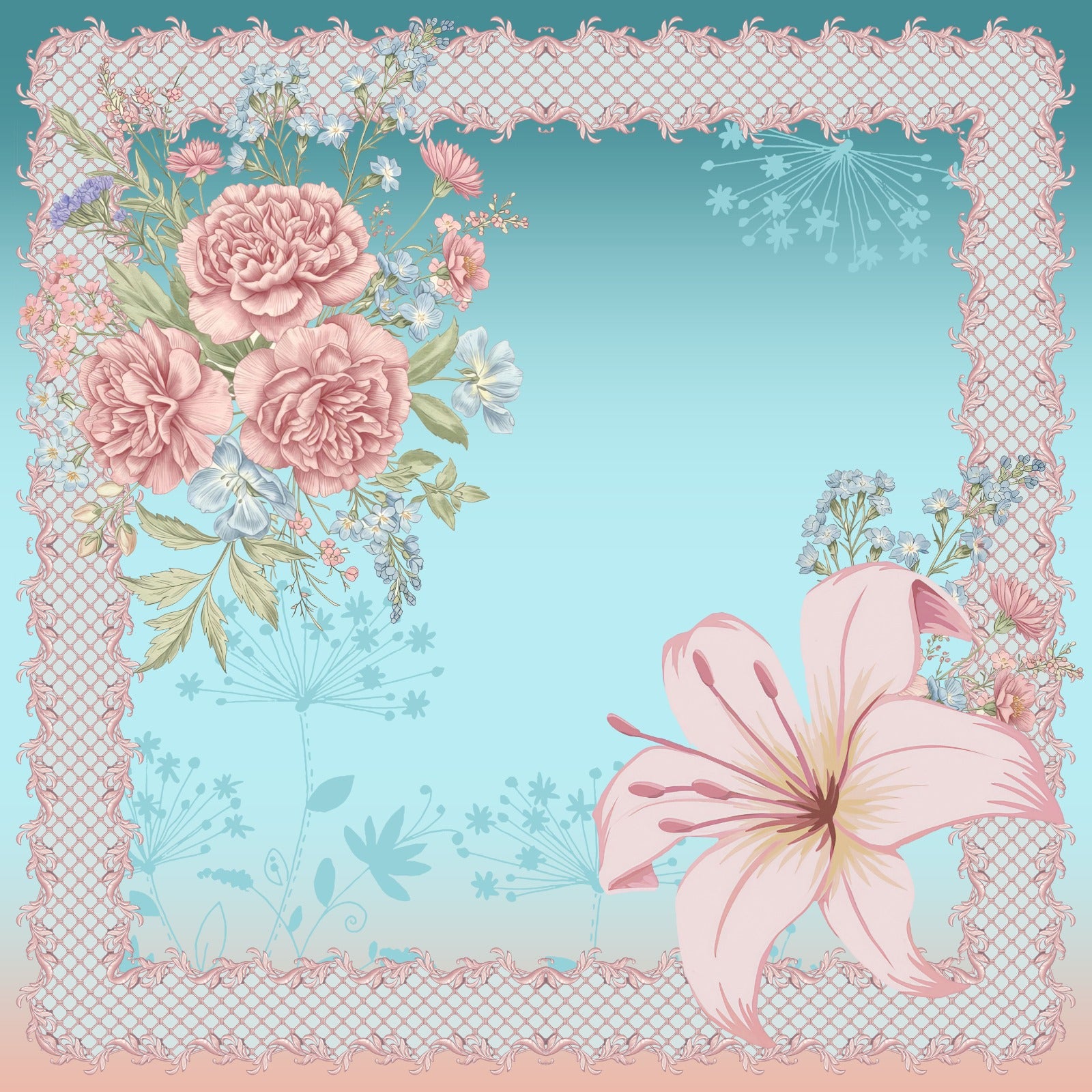 Decorative floral design with pink flowers and lace on a light blue background