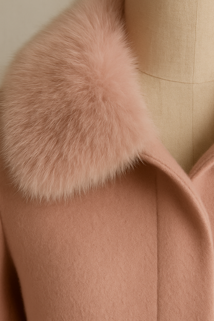 Hamida Blush Wool Wrap Coat with Luxe Fur Collar & Cuffs