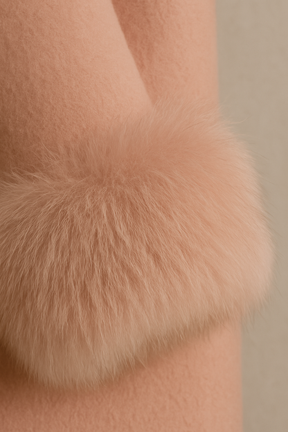 Hamida Blush Wool Wrap Coat with Luxe Fur Collar & Cuffs