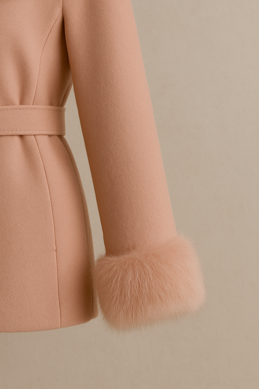 Hamida Blush Wool Wrap Coat with Luxe Fur Collar & Cuffs
