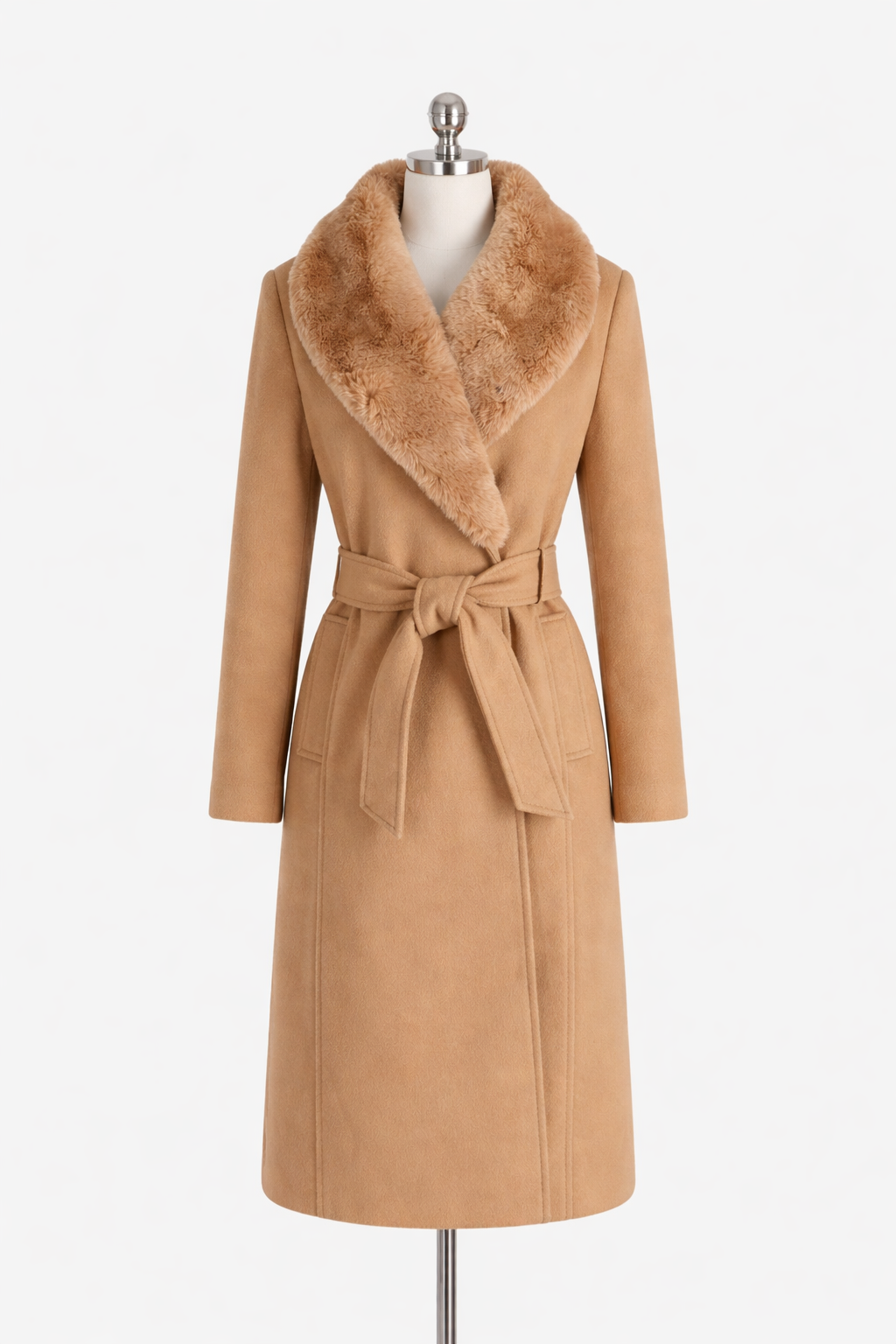 Belted Wool-Blend Coat with Plush Collar