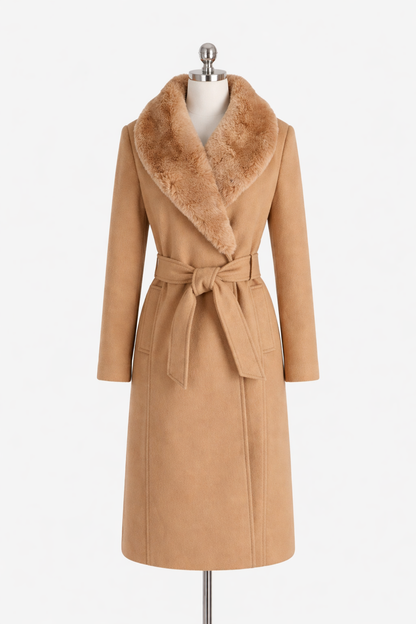 Belted Wool-Blend Coat with Plush Collar