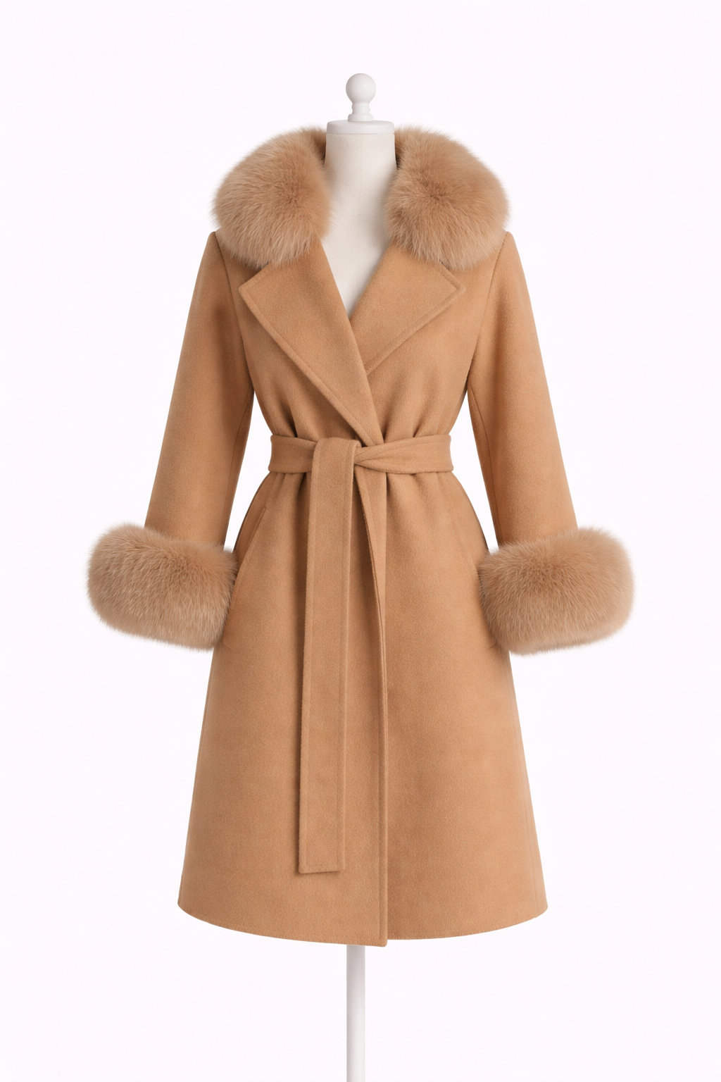 Hamida Elegant Wool Wrap Coat with Luxe Fur Collar & Cuffs