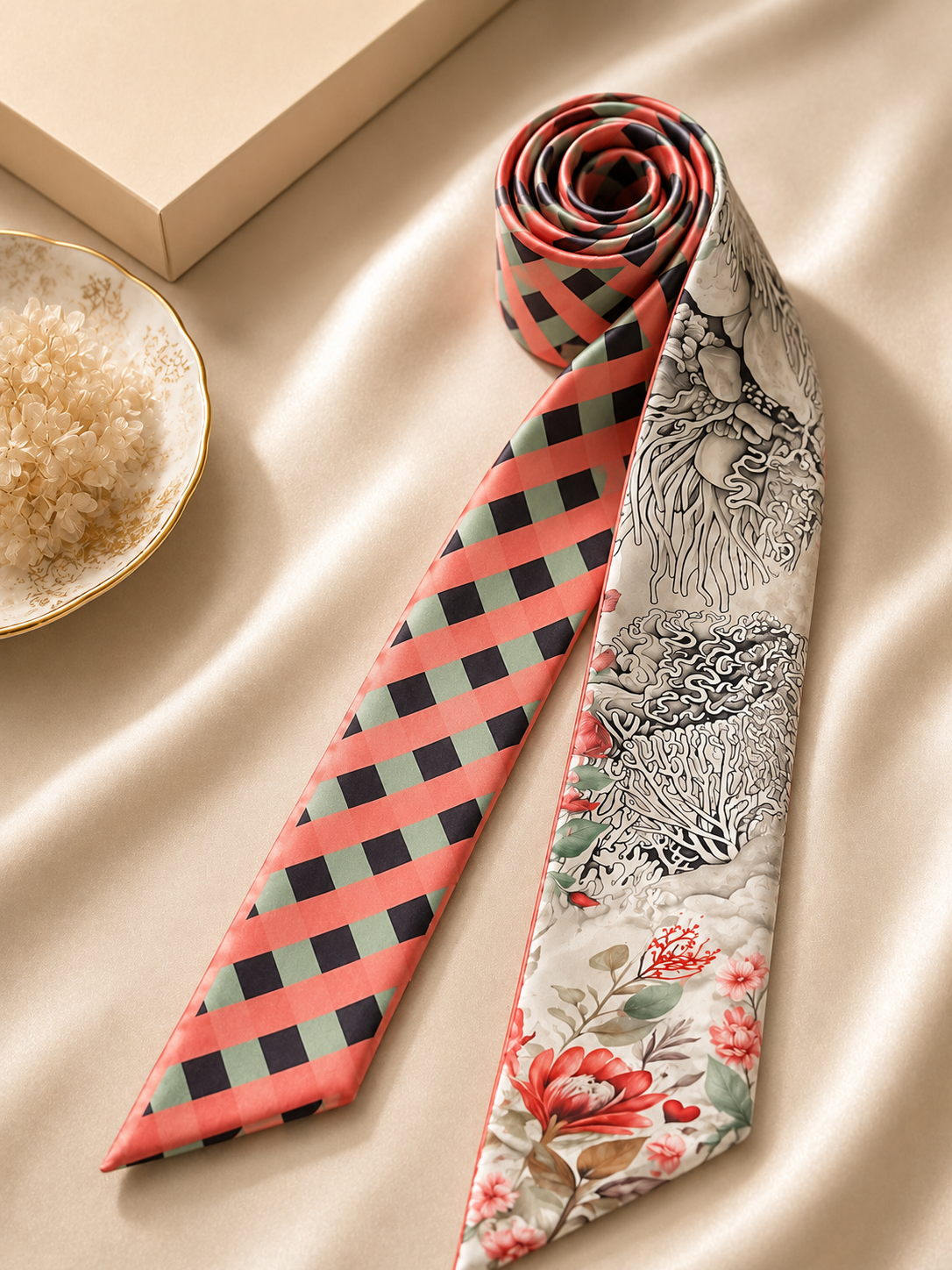Close-up of geometric stripe and floral artwork on Hamida silk twilly