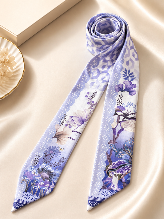 Luxury lavender silk twilly with botanical flowers and elegant geometric detailing by Hamida.