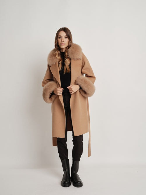 Hamida Elegant Wool Wrap Coat with Luxe Fur Collar & Cuffs