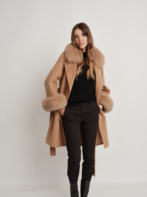 Hamida Elegant Wool Wrap Coat with Luxe Fur Collar & Cuffs
