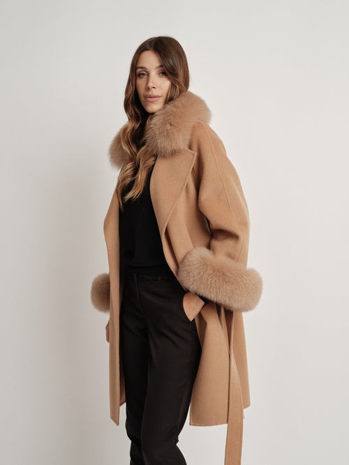 Hamida Elegant Wool Wrap Coat with Luxe Fur Collar & Cuffs