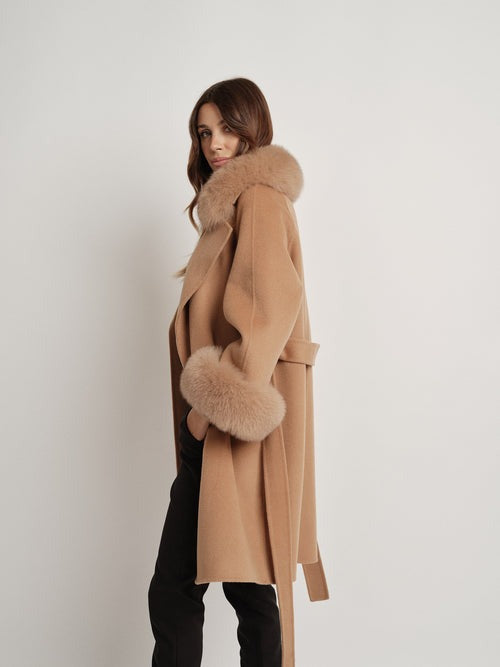 Hamida Elegant Wool Wrap Coat with Luxe Fur Collar & Cuffs