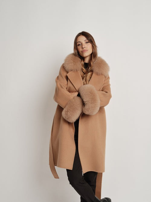 Hamida Elegant Wool Wrap Coat with Luxe Fur Collar & Cuffs