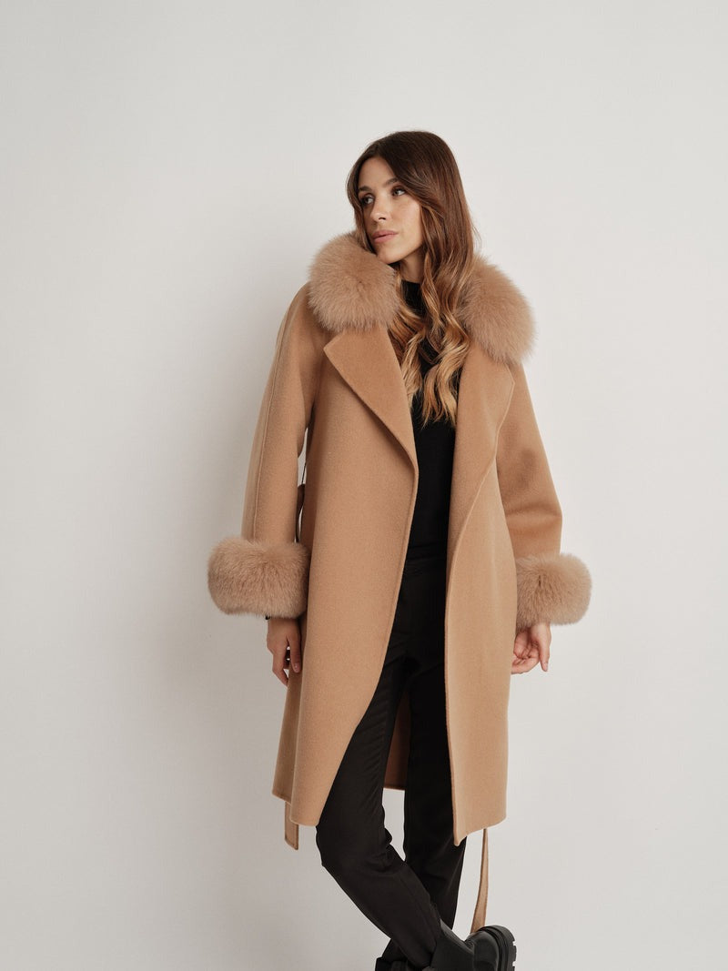 Hamida Elegant Wool Wrap Coat with Luxe Fur Collar & Cuffs