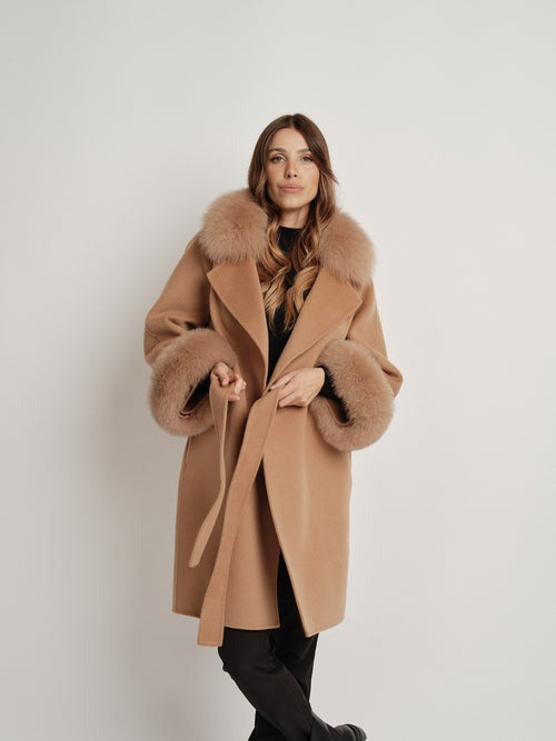 Hamida Elegant Wool Wrap Coat with Luxe Fur Collar & Cuffs
