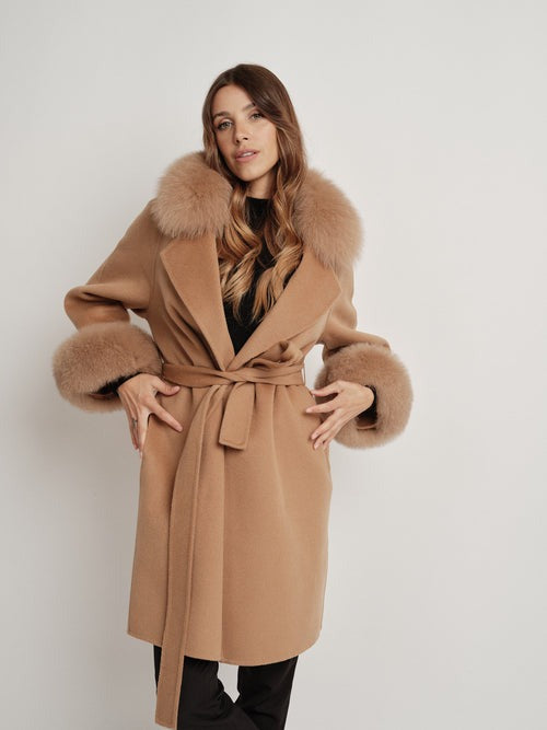 Hamida Elegant Wool Wrap Coat with Luxe Fur Collar & Cuffs