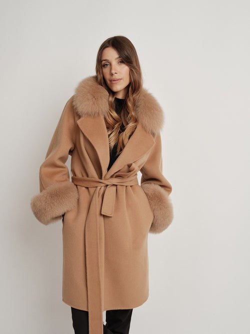 Hamida Elegant Wool Wrap Coat with Luxe Fur Collar & Cuffs