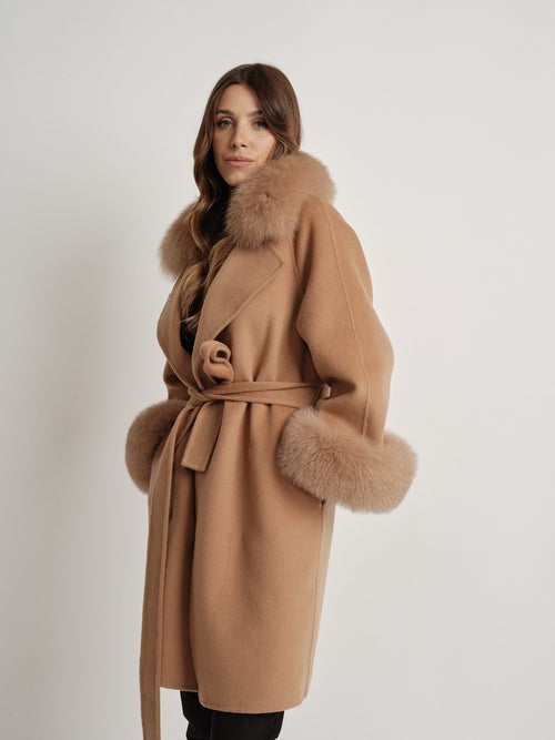 Hamida Elegant Wool Wrap Coat with Luxe Fur Collar & Cuffs