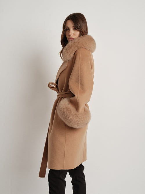 Hamida Elegant Wool Wrap Coat with Luxe Fur Collar & Cuffs