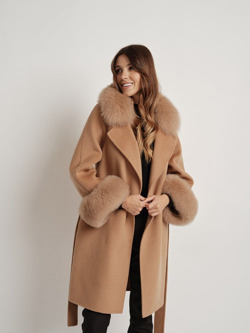Hamida Elegant Wool Wrap Coat with Luxe Fur Collar & Cuffs