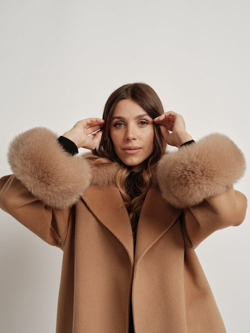 Hamida Elegant Wool Wrap Coat with Luxe Fur Collar & Cuffs