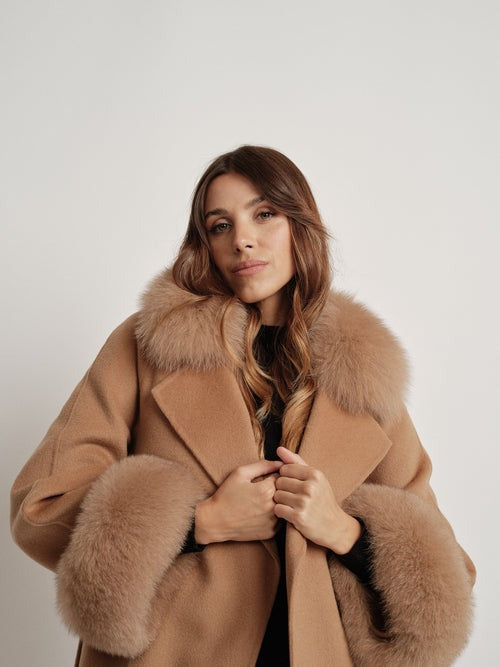 Hamida Elegant Wool Wrap Coat with Luxe Fur Collar & Cuffs