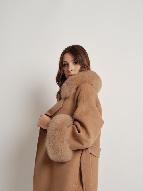 Hamida Elegant Wool Wrap Coat with Luxe Fur Collar & Cuffs