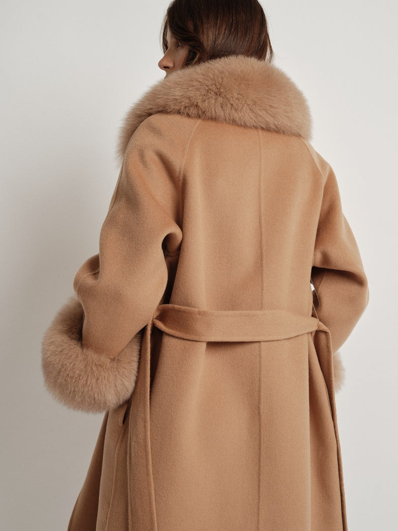 Hamida Elegant Wool Wrap Coat with Luxe Fur Collar & Cuffs