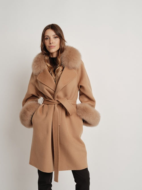 Hamida Elegant Wool Wrap Coat with Luxe Fur Collar & Cuffs