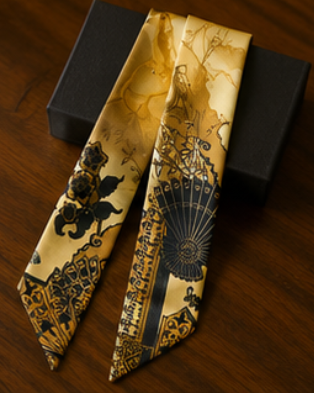Two decorative neckties with intricate patterns on a wooden surface.