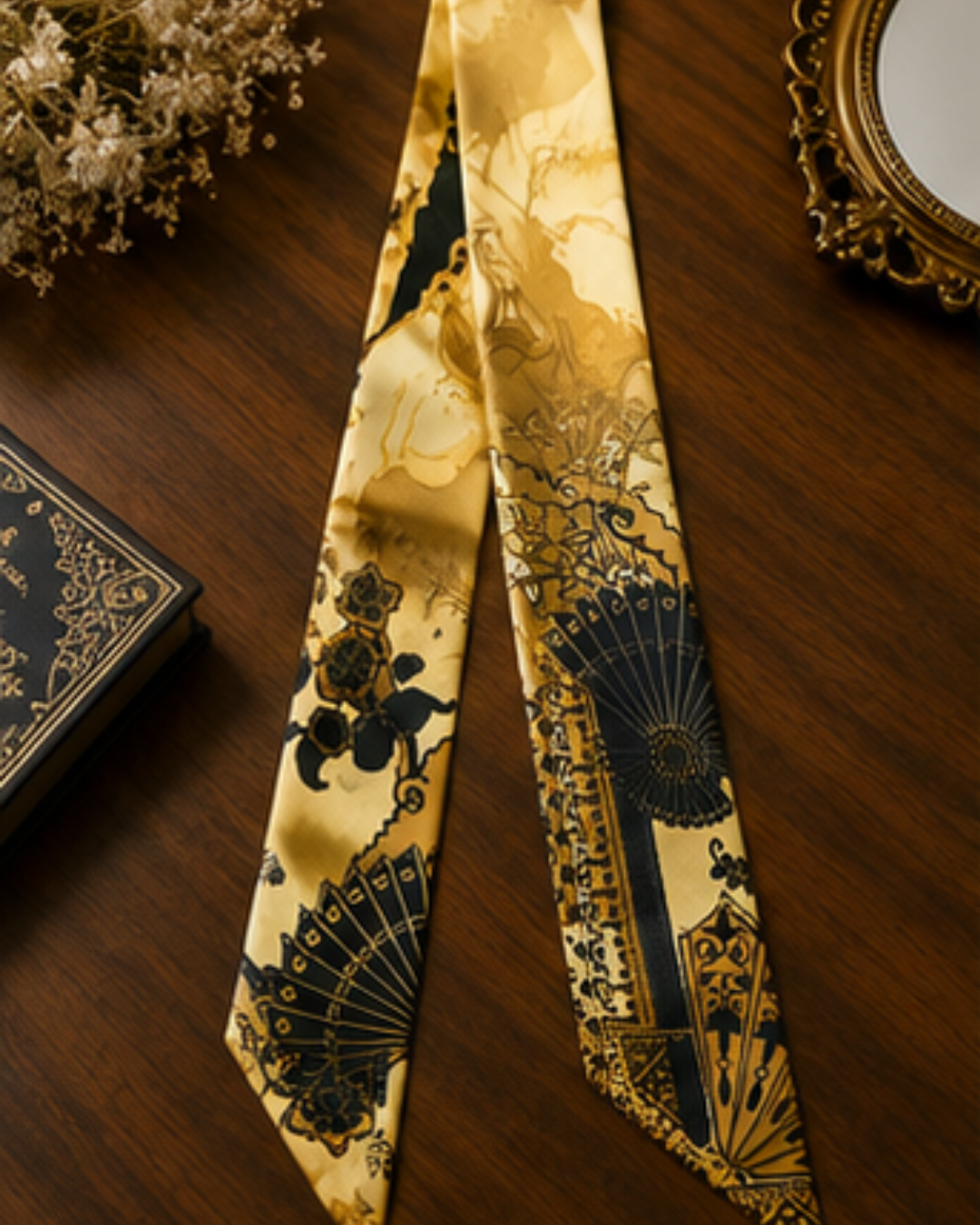 Luxury silk twilly scarf in golden yellow and black with elegant ornamental design by Hamida.