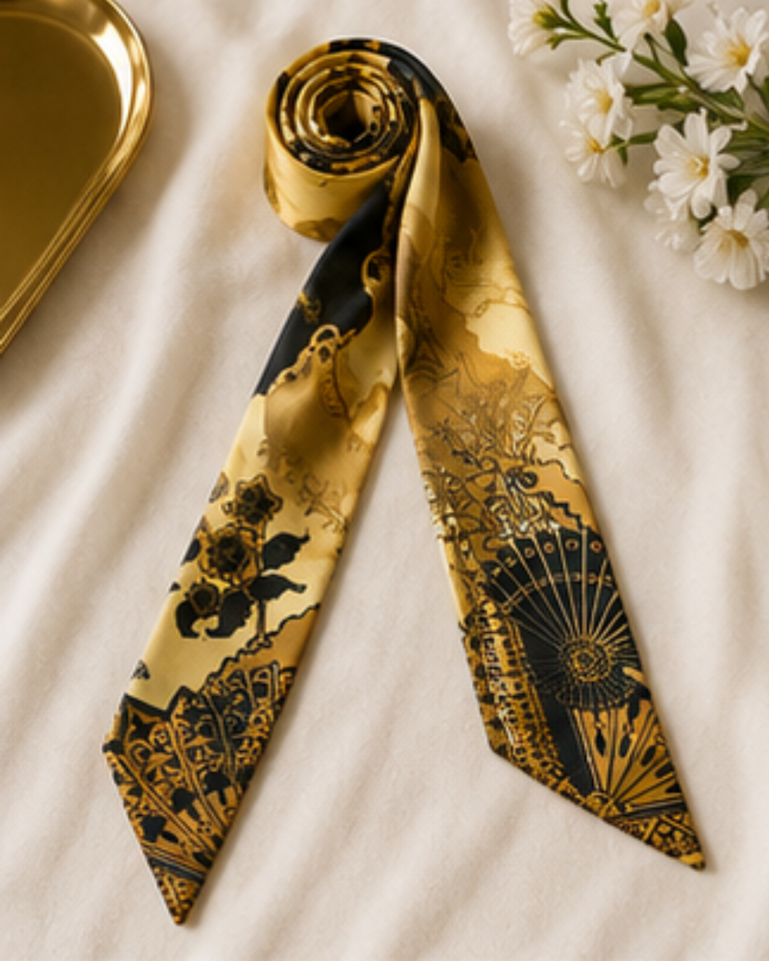 Hamida Golden Noir silk twilly scarf featuring gold and black floral artwork and decorative fan motifs.
