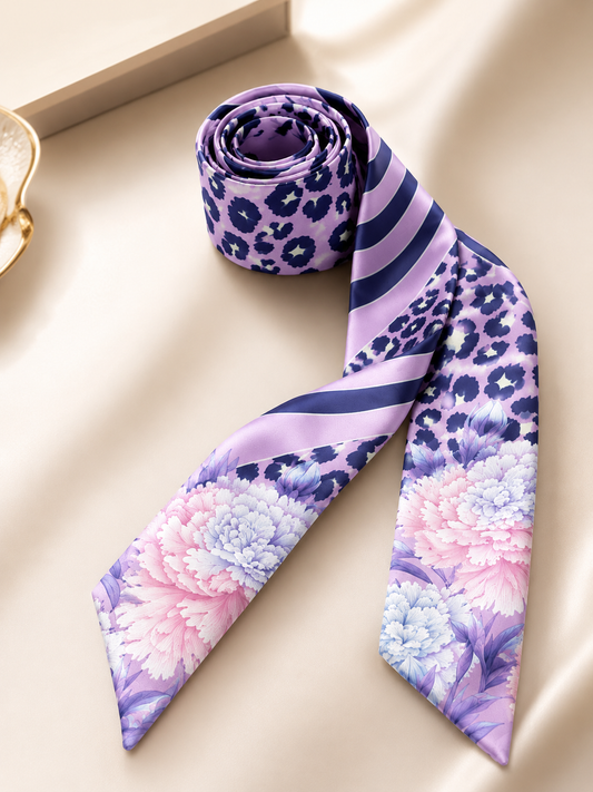 Hamida lavender silk twilly rolled neatly with floral and navy stripe pattern