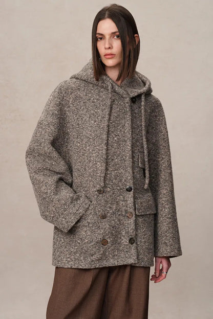 Oversized Sleeve Hooded Blazer Coat in Alpaca Loop Wool