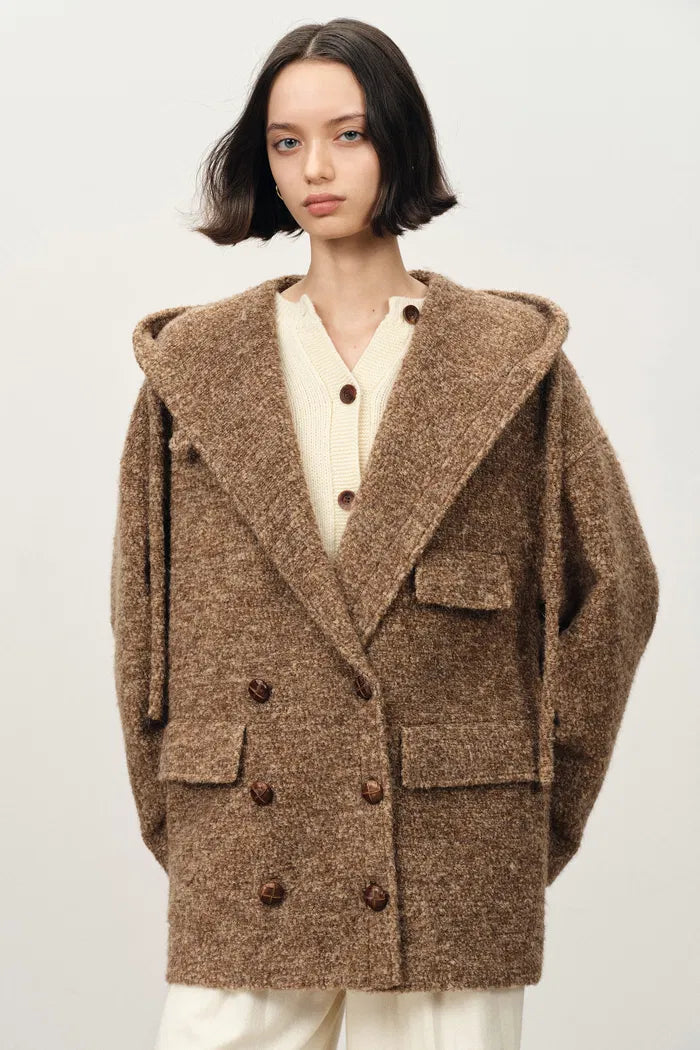 Oversized Sleeve Hooded Blazer Coat in Alpaca Loop Wool