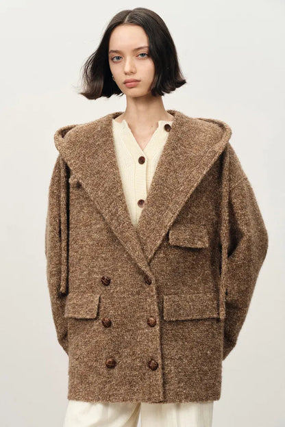 Oversized Sleeve Hooded Blazer Coat in Alpaca Loop Wool