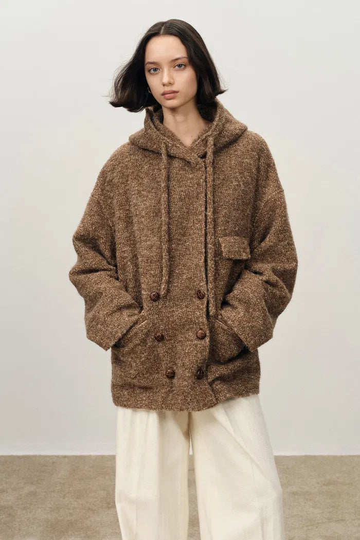 Oversized Sleeve Hooded Blazer Coat in Alpaca Loop Wool